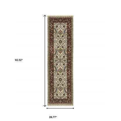 2' X 8' Ivory Red Green Grey Blue And Navy Oriental Power Loom Stain Resistant Runner Rug With Fringe