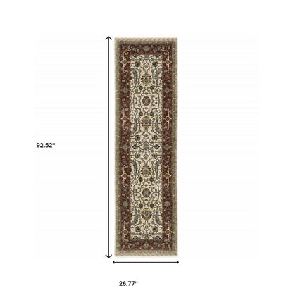 2' X 8' Ivory Red Green Grey Blue And Navy Oriental Power Loom Stain Resistant Runner Rug With Fringe