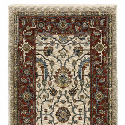 2' X 8' Ivory Red Green Grey Blue And Navy Oriental Power Loom Stain Resistant Runner Rug With Fringe