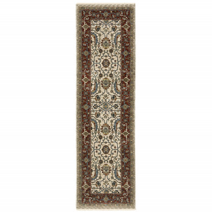 2' X 8' Ivory Red Green Grey Blue And Navy Oriental Power Loom Stain Resistant Runner Rug With Fringe