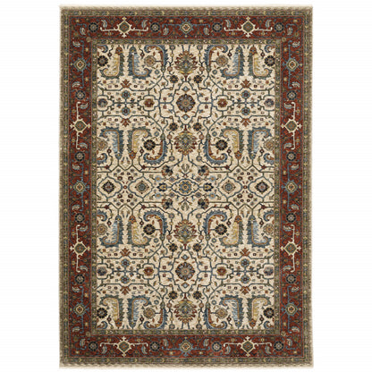 2' X 3' Ivory Red Green Grey Blue And Navy Oriental Power Loom Stain Resistant Area Rug With Fringe