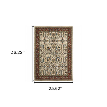 2' X 3' Ivory Red Green Grey Blue And Navy Oriental Power Loom Stain Resistant Area Rug With Fringe