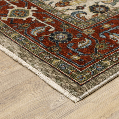 2' X 3' Ivory Red Green Grey Blue And Navy Oriental Power Loom Stain Resistant Area Rug With Fringe