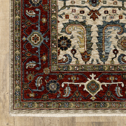 2' X 3' Ivory Red Green Grey Blue And Navy Oriental Power Loom Stain Resistant Area Rug With Fringe