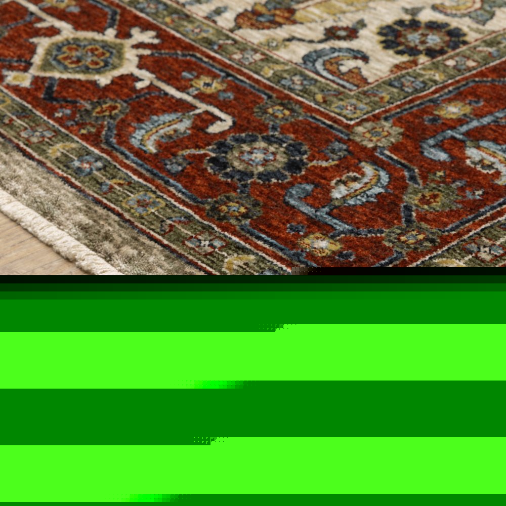 3' X 5' Ivory Red Green Grey Blue And Navy Oriental Power Loom Stain Resistant Area Rug With Fringe