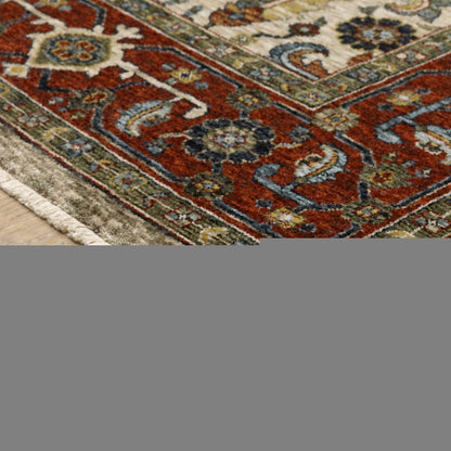 3' X 5' Ivory Red Green Grey Blue And Navy Oriental Power Loom Stain Resistant Area Rug With Fringe