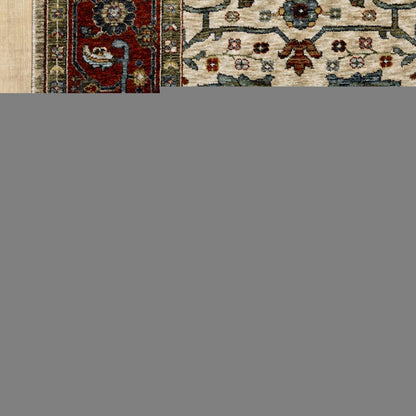 3' X 5' Ivory Red Green Grey Blue And Navy Oriental Power Loom Stain Resistant Area Rug With Fringe