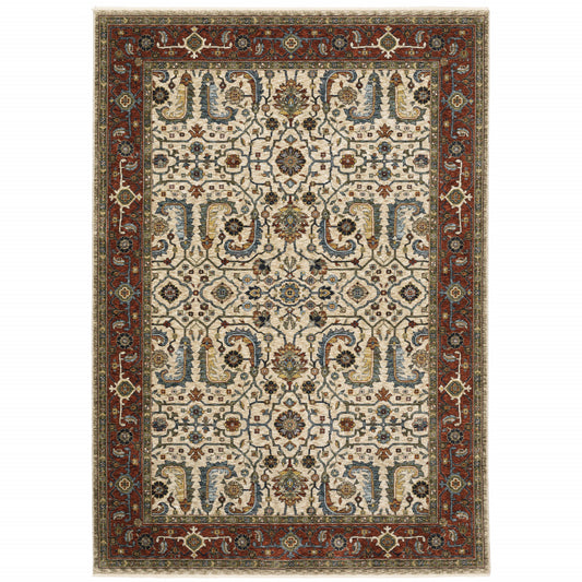 5' X 8' Ivory Red Green Grey Blue And Navy Oriental Power Loom Stain Resistant Area Rug With Fringe