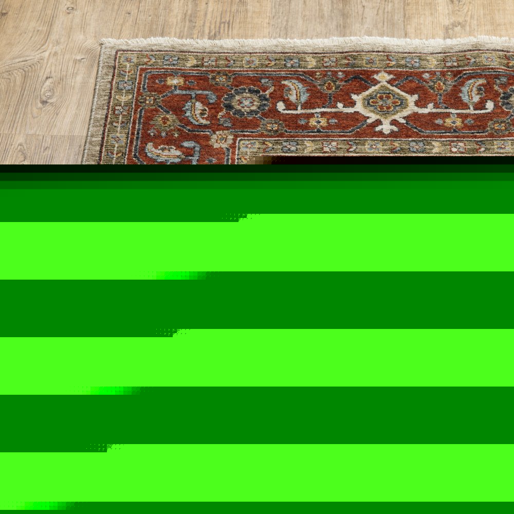 5' X 8' Ivory Red Green Grey Blue And Navy Oriental Power Loom Stain Resistant Area Rug With Fringe