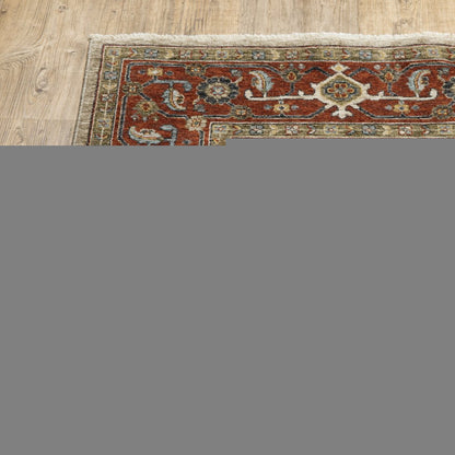 5' X 8' Ivory Red Green Grey Blue And Navy Oriental Power Loom Stain Resistant Area Rug With Fringe