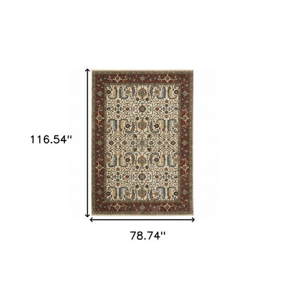 7' X 10' Ivory And Red Oriental Area Rug With Fringe