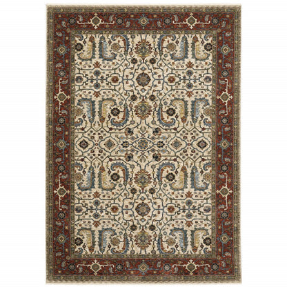 7' X 10' Ivory And Red Oriental Area Rug With Fringe