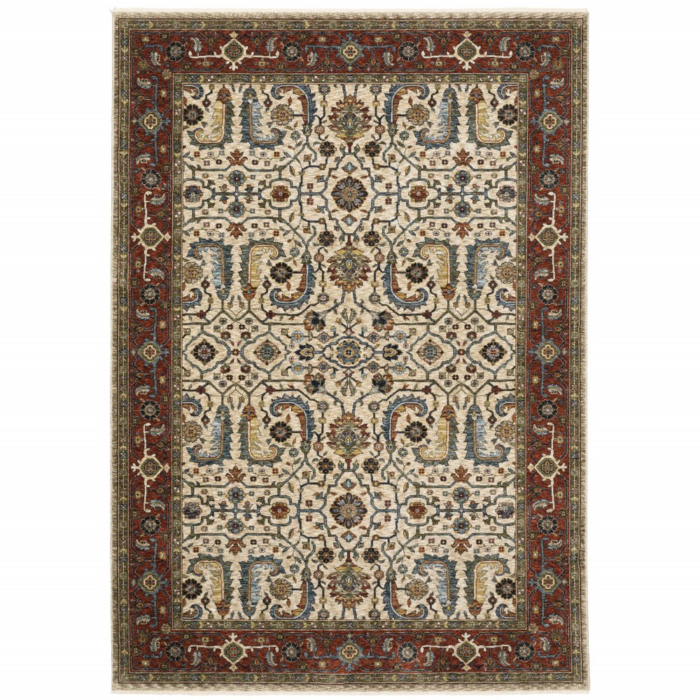 7' X 10' Ivory And Red Oriental Area Rug With Fringe