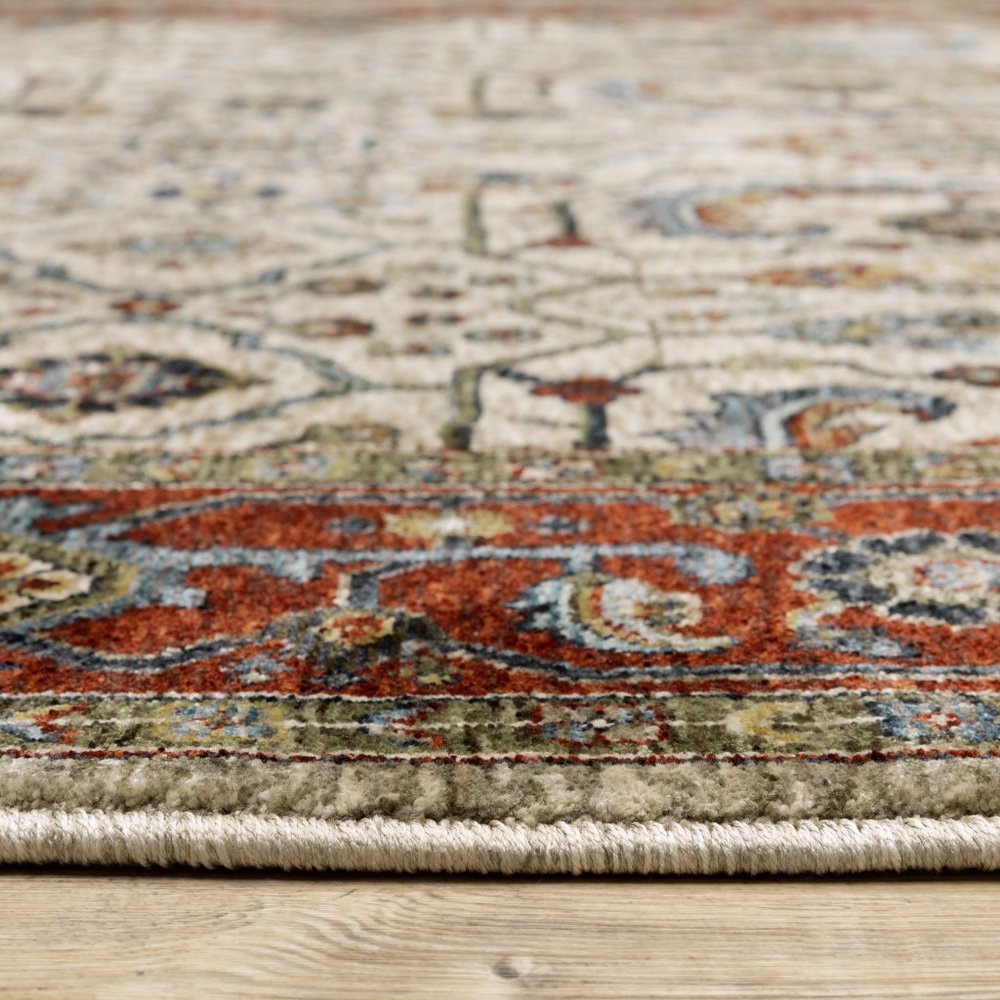 7' X 10' Ivory And Red Oriental Area Rug With Fringe