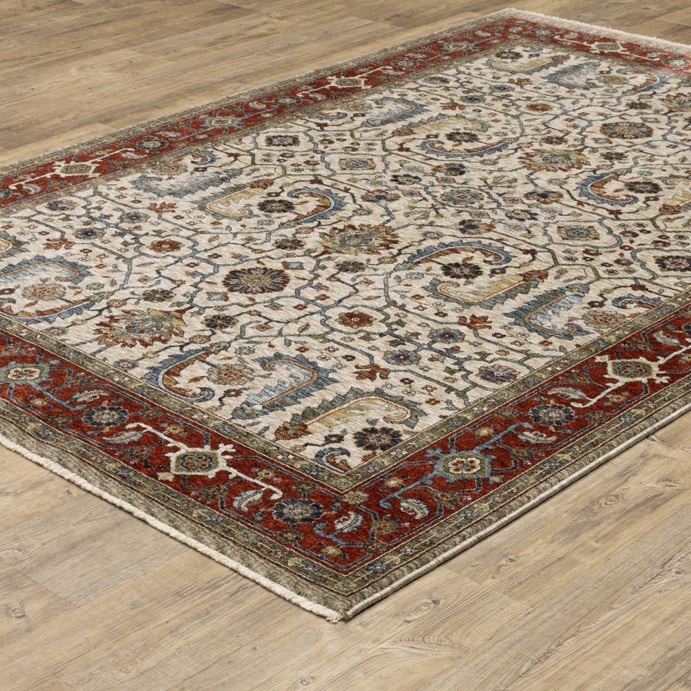 7' X 10' Ivory And Red Oriental Area Rug With Fringe