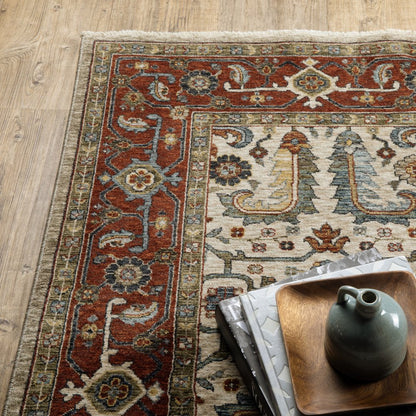 7' X 10' Ivory And Red Oriental Area Rug With Fringe