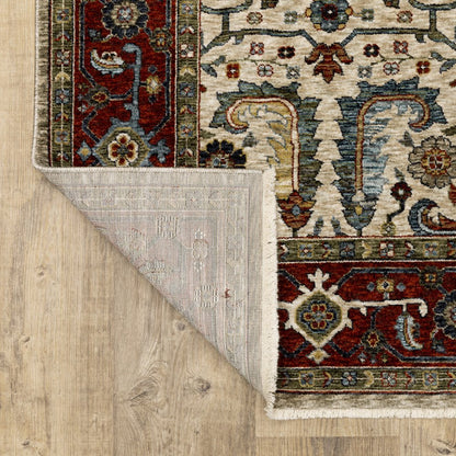 7' X 10' Ivory And Red Oriental Area Rug With Fringe
