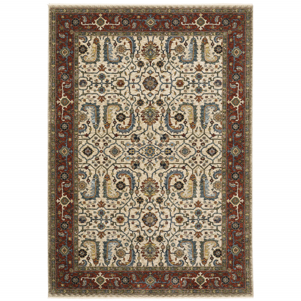 8' X 11' Ivory Red Green Grey Blue And Navy Oriental Power Loom Stain Resistant Area Rug With Fringe