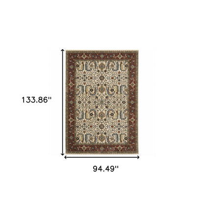 8' X 11' Ivory Red Green Grey Blue And Navy Oriental Power Loom Stain Resistant Area Rug With Fringe