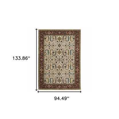 8' X 11' Ivory And Red Oriental Area Rug With Fringe