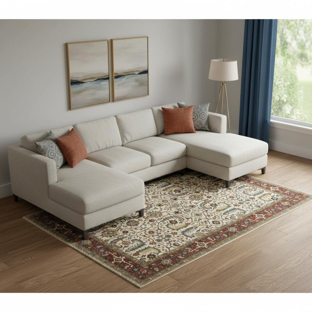 10' X 13' Ivory Red Green Grey Blue And Navy Oriental Power Loom Stain Resistant Area Rug With Fringe