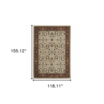 10' X 13' Ivory Red Green Grey Blue And Navy Oriental Power Loom Stain Resistant Area Rug With Fringe