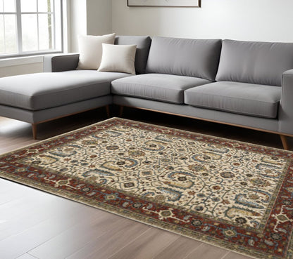 10' X 13' Ivory Red Green Grey Blue And Navy Oriental Power Loom Stain Resistant Area Rug With Fringe