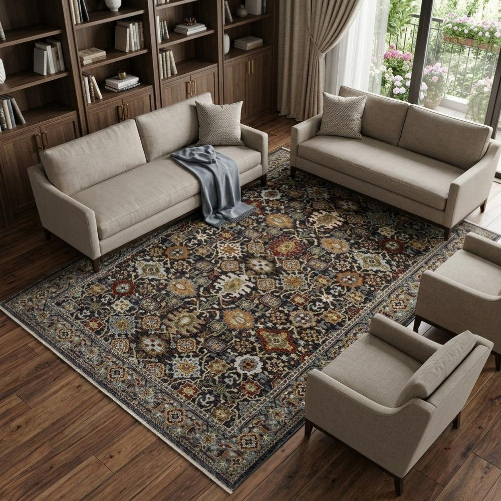 7' X 10' Blue And Beige Oriental Area Rug With Fringe