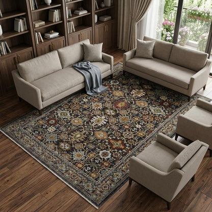 7' X 10' Blue And Beige Oriental Area Rug With Fringe