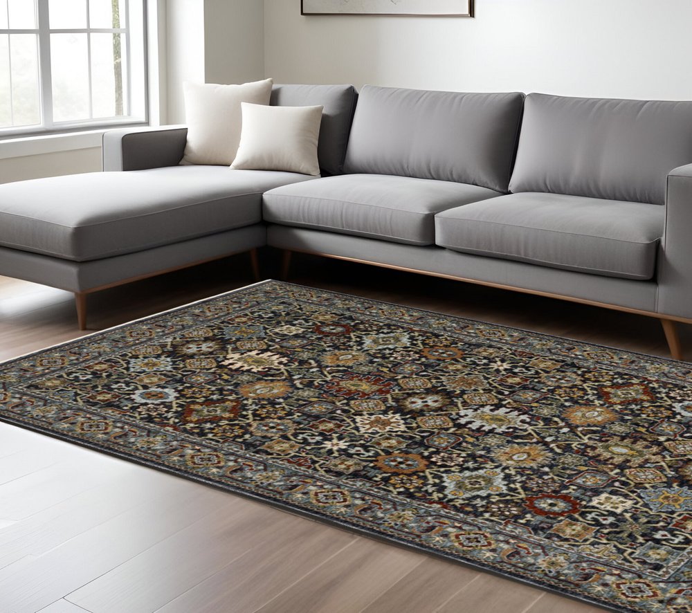 7' X 10' Blue And Beige Oriental Area Rug With Fringe