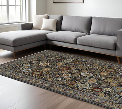 7' X 10' Blue And Beige Oriental Area Rug With Fringe