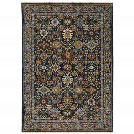 7' X 10' Blue And Beige Oriental Area Rug With Fringe