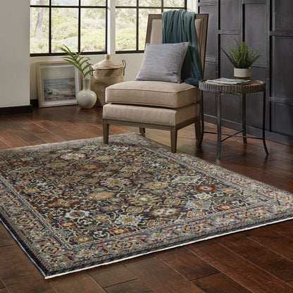 7' X 10' Blue and Beige Oriental Power Loom Area Rug With Fringe