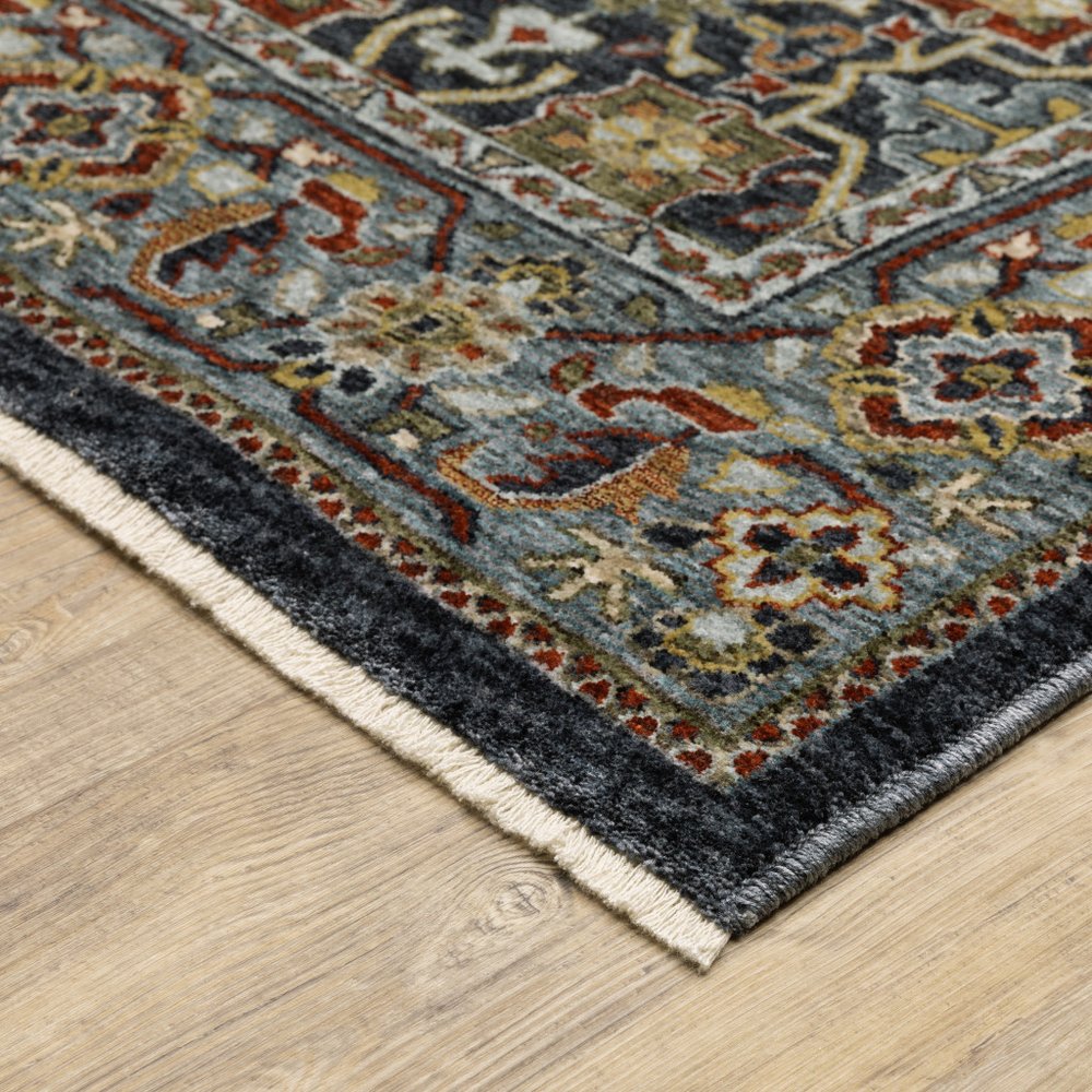 7' X 10' Blue And Beige Oriental Area Rug With Fringe