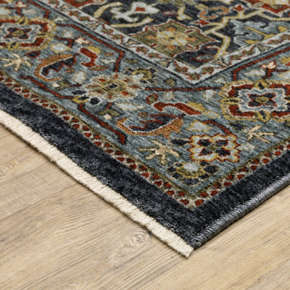 7' X 10' Blue And Beige Oriental Area Rug With Fringe