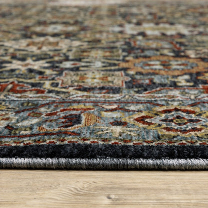 7' X 10' Blue And Beige Oriental Area Rug With Fringe