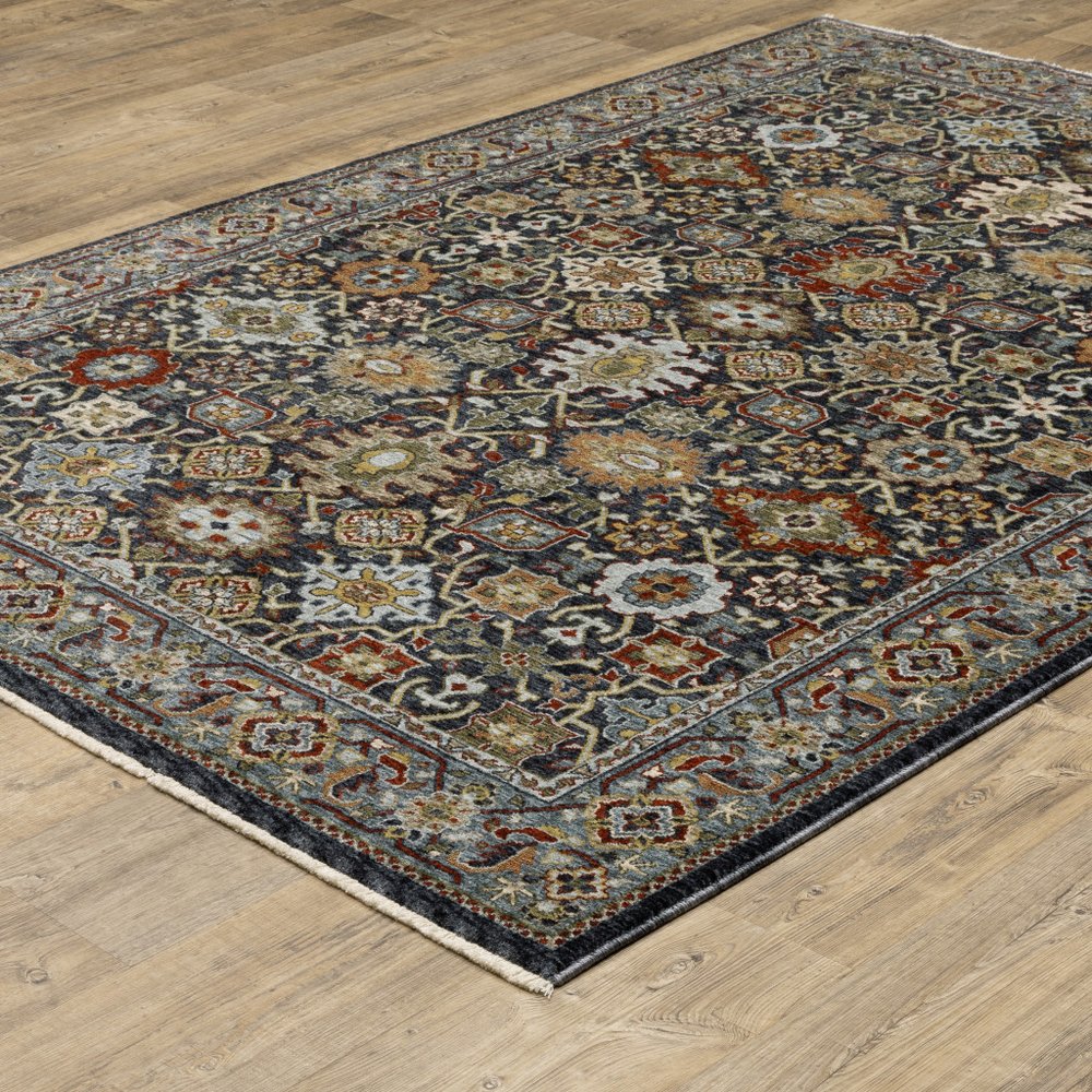 7' X 10' Blue And Beige Oriental Area Rug With Fringe