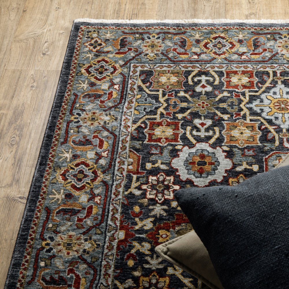 7' X 10' Blue And Beige Oriental Area Rug With Fringe