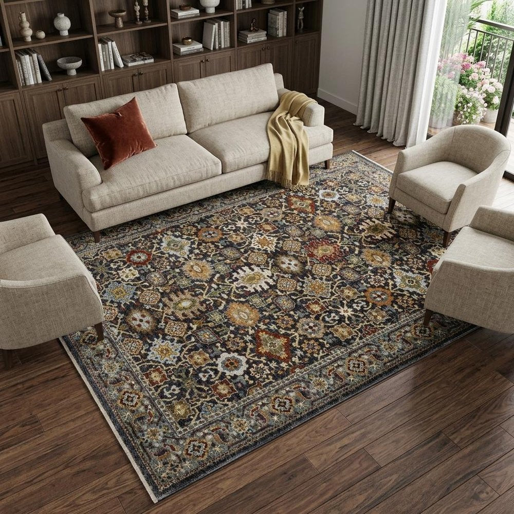 8' X 11' Blue And Beige Oriental Area Rug With Fringe