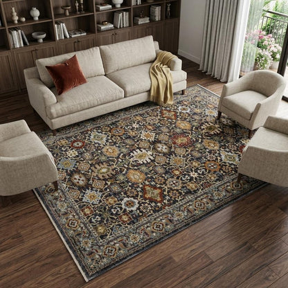 8' X 11' Blue And Beige Oriental Area Rug With Fringe