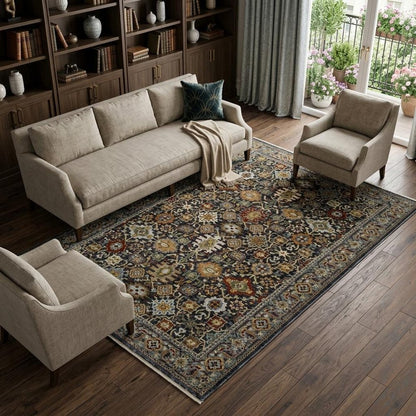8' X 11' Blue And Beige Oriental Area Rug With Fringe
