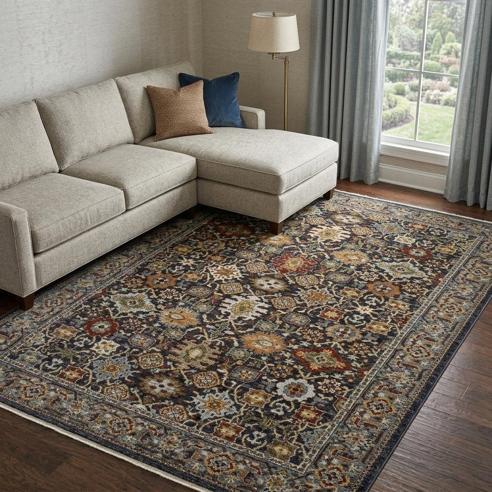 8' X 11' Blue And Beige Oriental Area Rug With Fringe