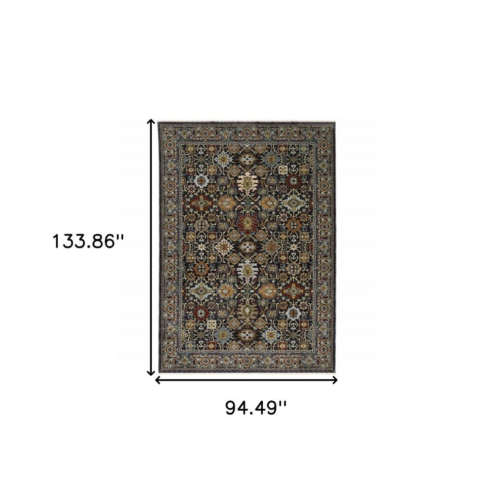 8' X 11' Blue And Beige Oriental Area Rug With Fringe
