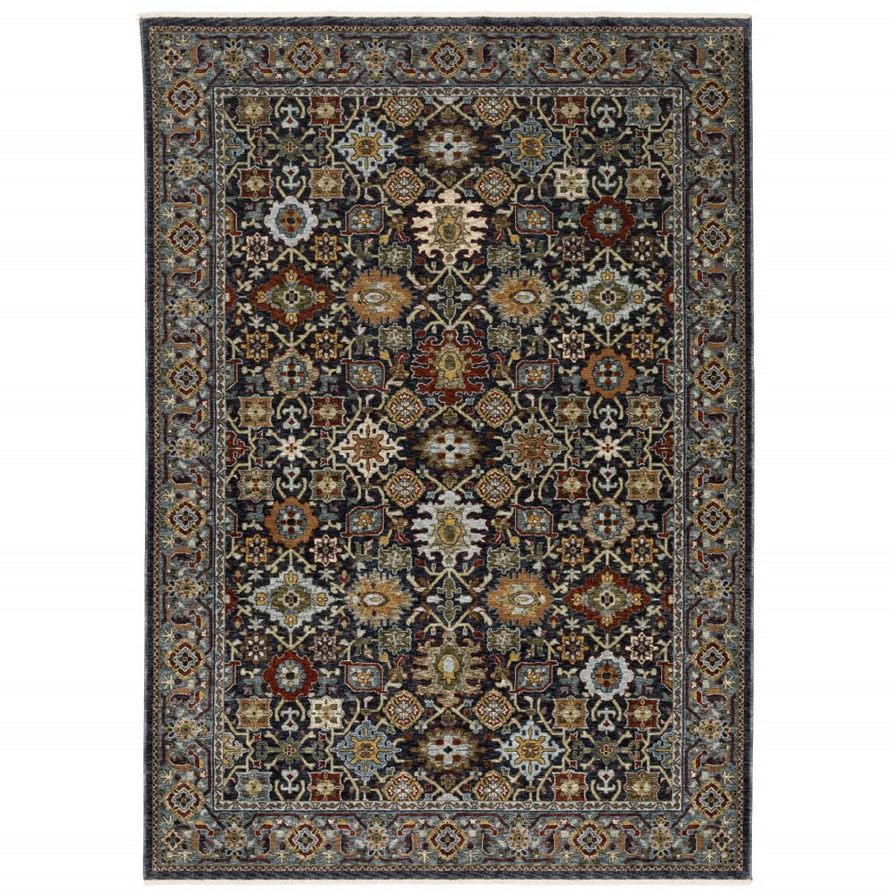 8' X 11' Blue And Beige Oriental Area Rug With Fringe