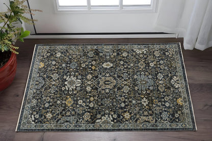 3' X 5' Blue Ivory Grey Gold Green And Brown Oriental Power Loom Stain Resistant Area Rug With Fringe