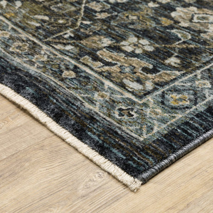 3' X 5' Blue Ivory Grey Gold Green And Brown Oriental Power Loom Stain Resistant Area Rug With Fringe