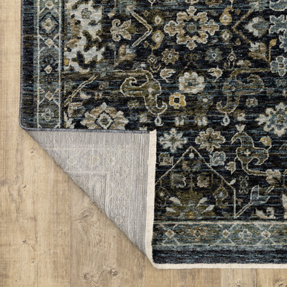 3' X 5' Blue Ivory Grey Gold Green And Brown Oriental Power Loom Stain Resistant Area Rug With Fringe