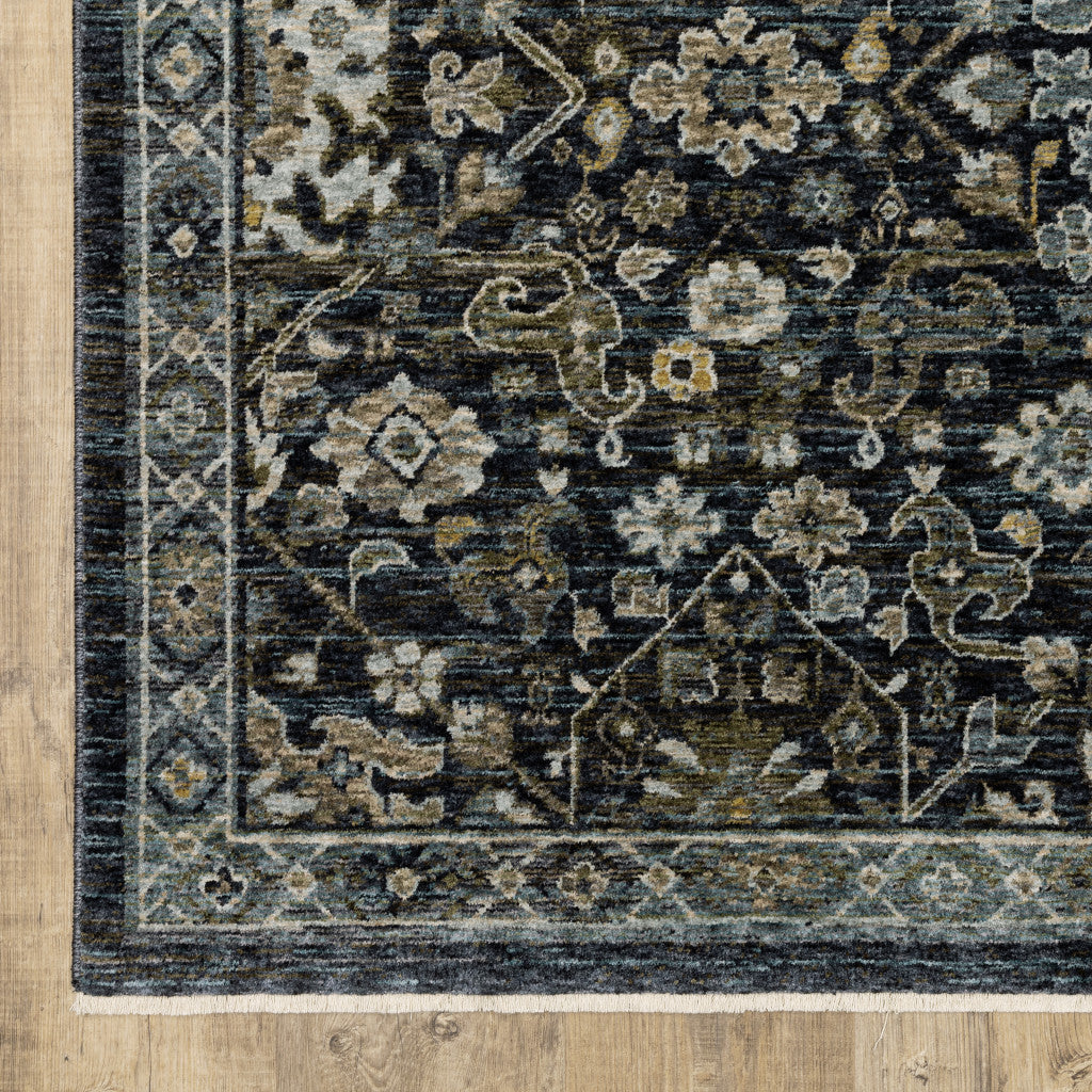 3' X 5' Blue Ivory Grey Gold Green And Brown Oriental Power Loom Stain Resistant Area Rug With Fringe