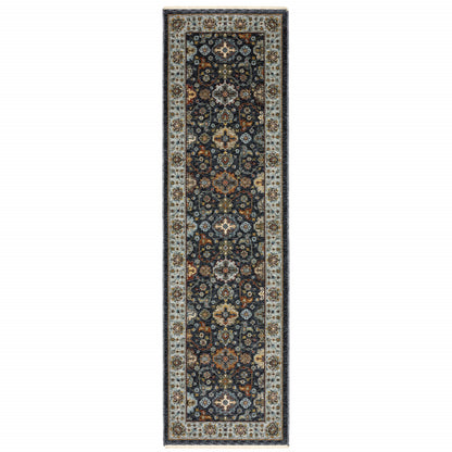 2' X 8' Blue And Beige Oriental Power Loom Runner Rug With Fringe