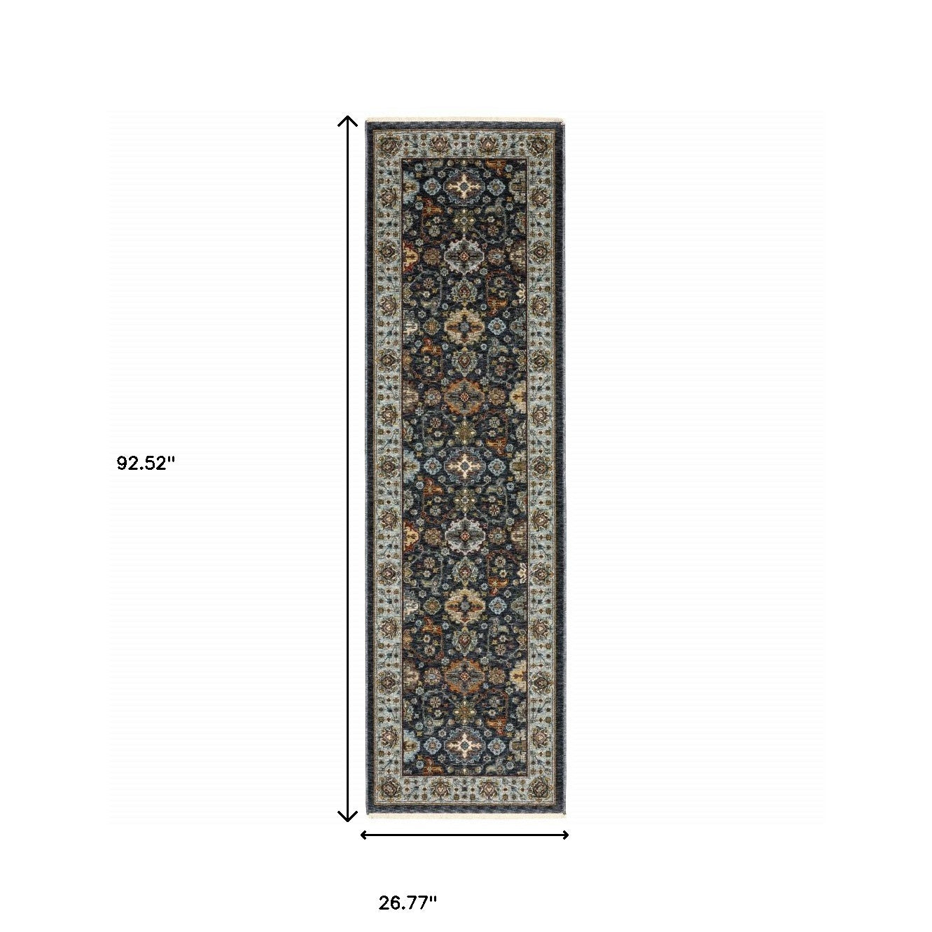 2' X 8' Blue And Beige Oriental Power Loom Runner Rug With Fringe